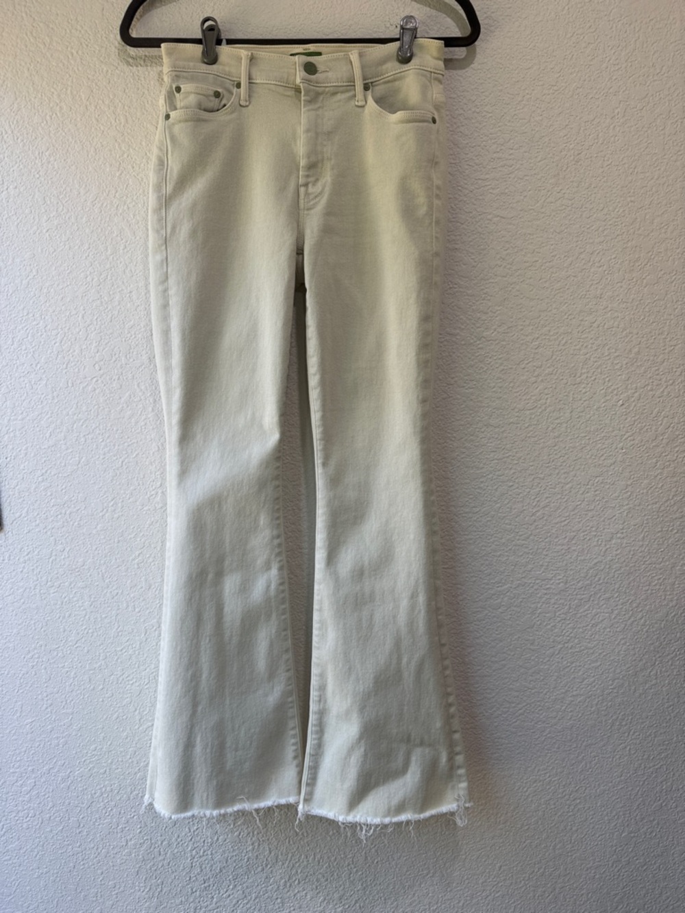 MOTHER The Weekender Fray Flare Jean Pants Sz 27 Iceberg Green Mid-Rise Cropped
